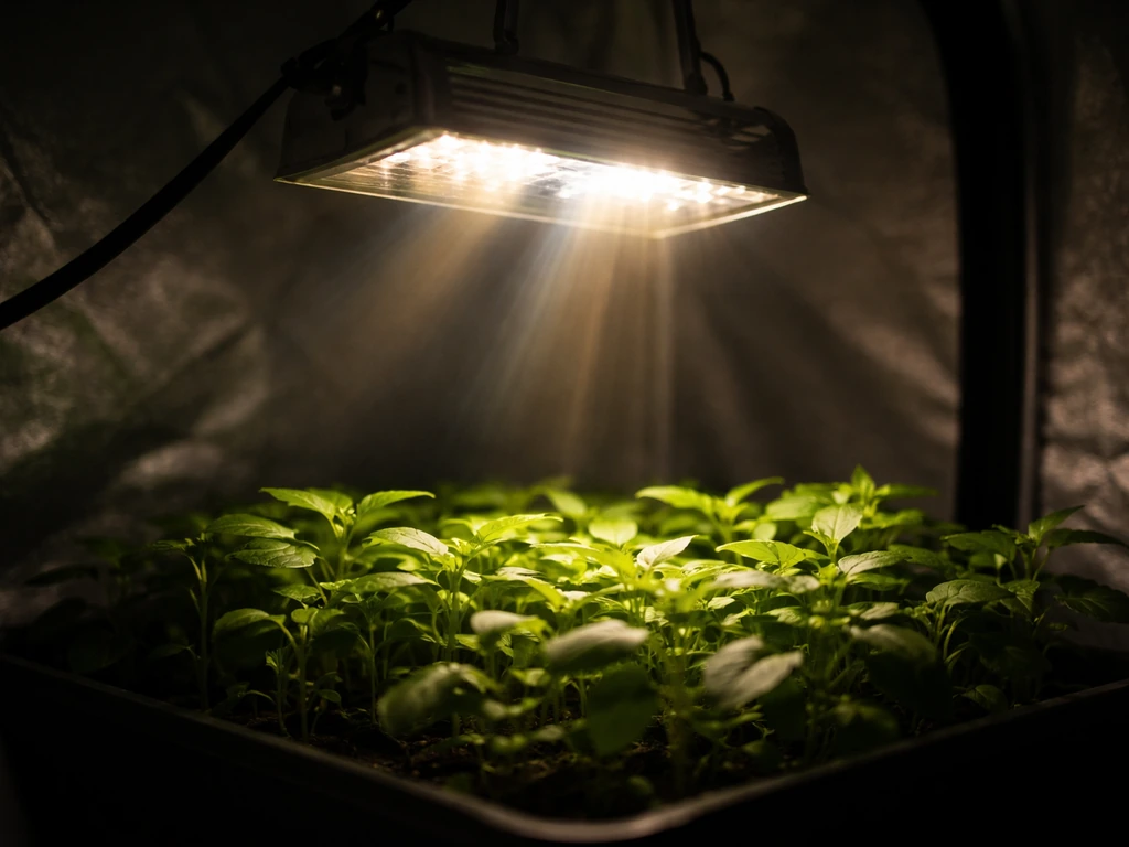 A grow light visibly flickering over seedlings with slight motion blur in a minimal indoor setup.