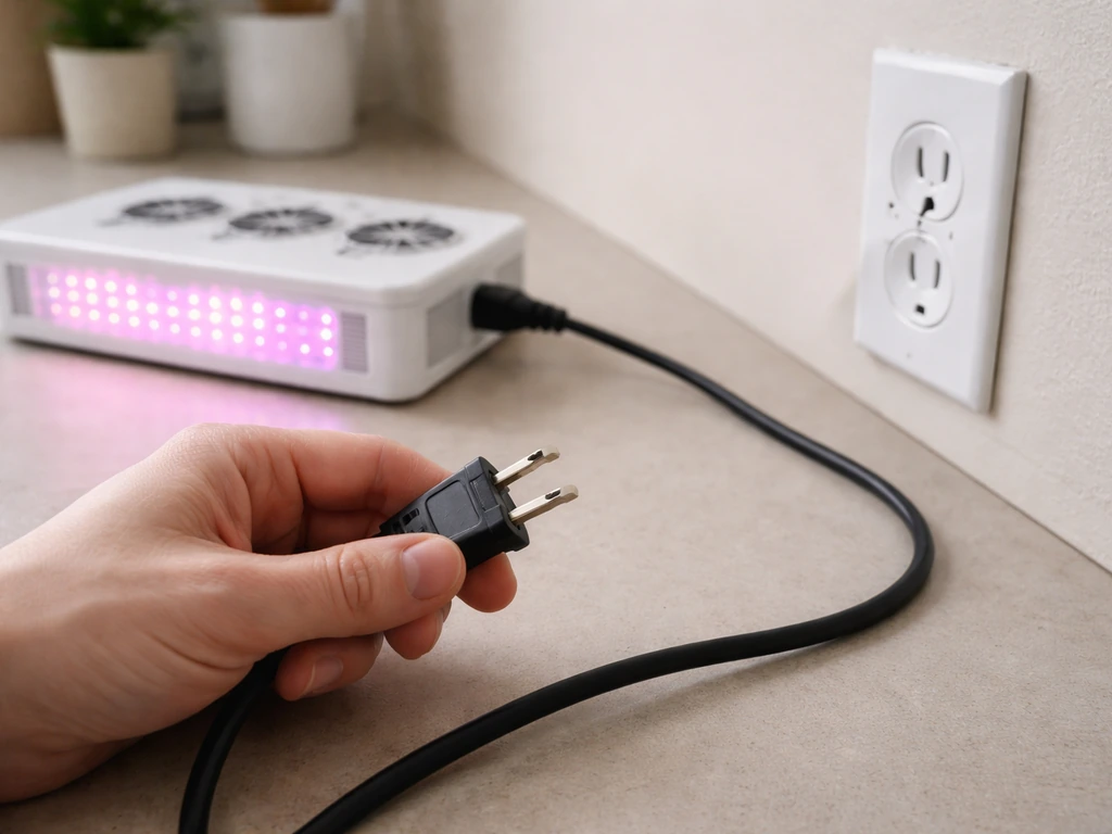 Hand inspecting an unplugged grow light’s plug and power cord near a wall outlet