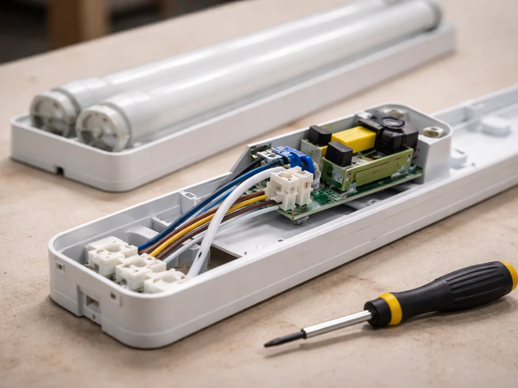 Close-up of an inspected fluorescent/CFL grow light fixture with exposed ballast components on a workbench.