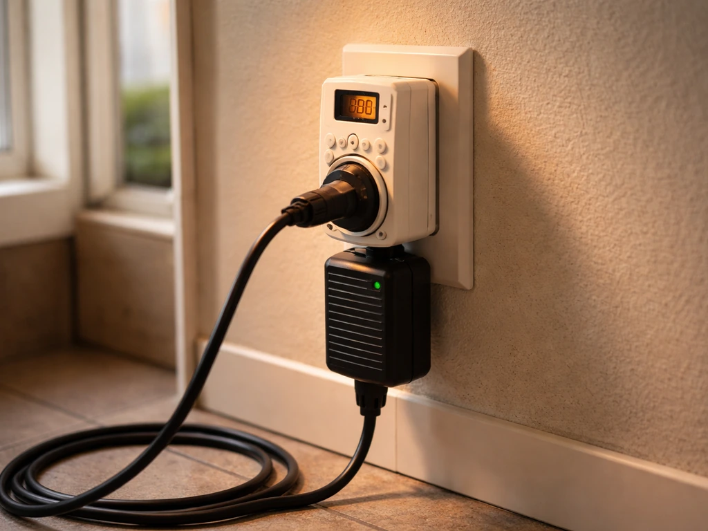 Grow light power plug connected to a wall dimmer/timer device, emphasizing compatibility issues.