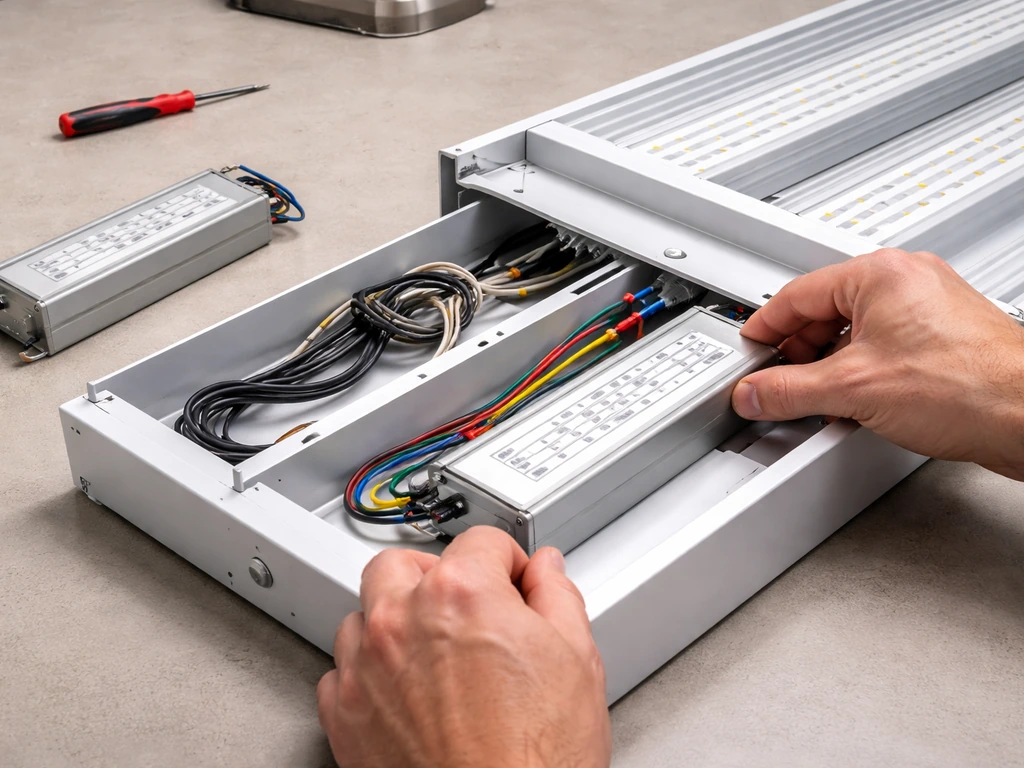 Hands replacing a grow light driver inside an open fixture on a workbench, old driver removed and new installed.