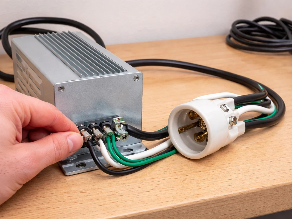 Close-up of hands tightening ballast-to-lamp socket wiring terminals before plugging in.
