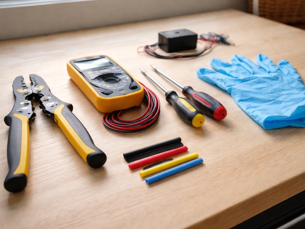 Workbench with organized wire strippers, multimeter, screwdrivers, heat-shrink, and safety gloves for LED grow light wir