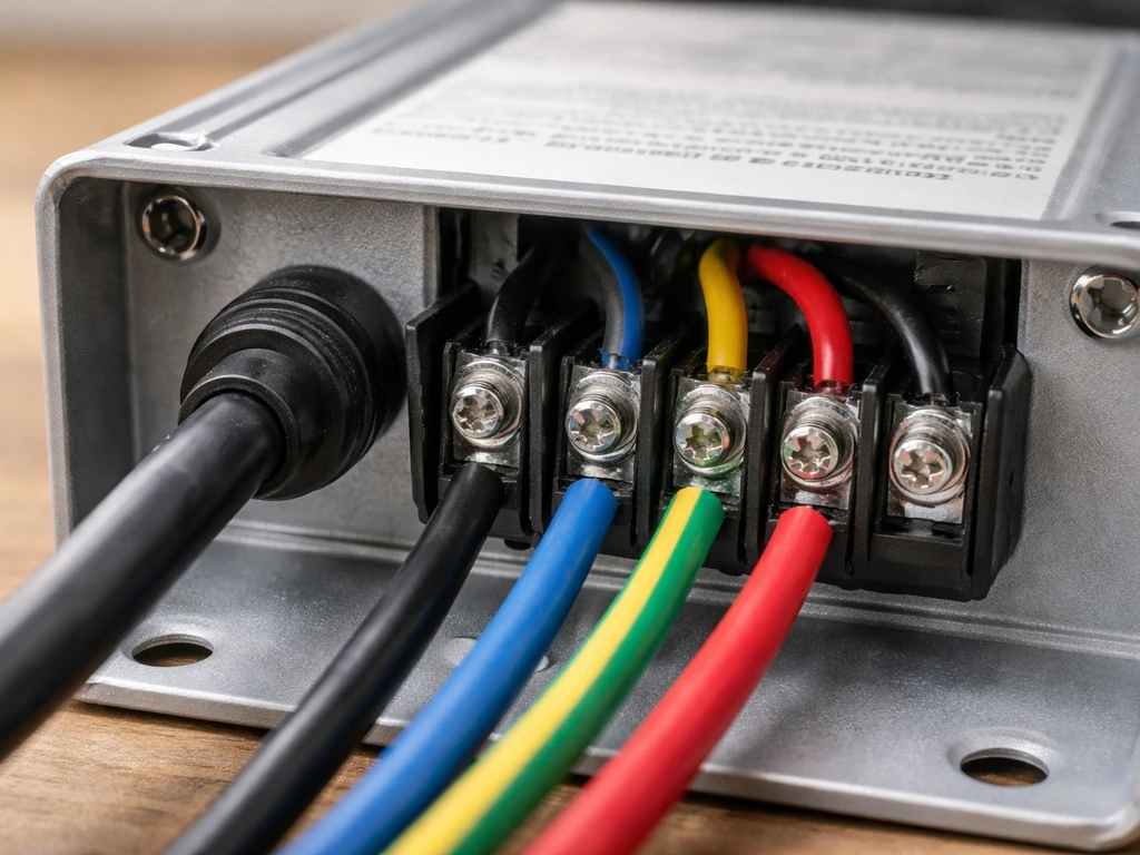 Close-up of a grow light LED driver terminal block with cable strain relief and proper hot/neutral/ground routing