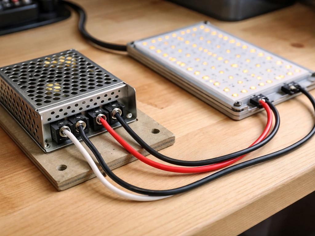 Bare-wire LED driver screw terminals wired to a LED board with insulated AC in and DC out.