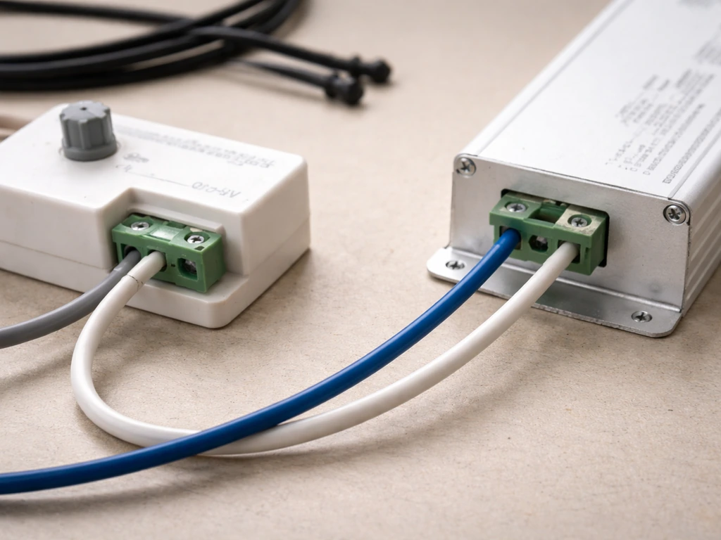 Close-up of 0–10V dimming wires connected to an LED driver DIM+ and DIM- terminals on a workbench.