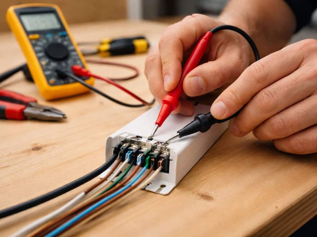 Hands testing an unmounted lighting driver with a multimeter on a workbench.