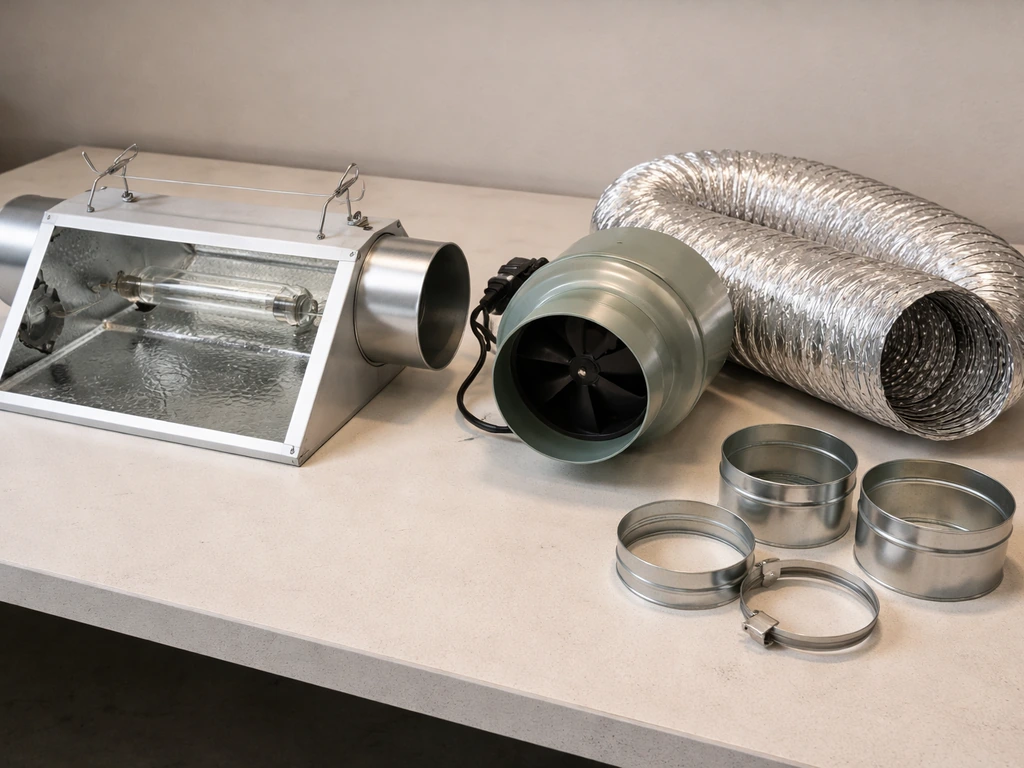 Air-cooled grow light components laid out on a clean workbench: hood, inline fan, ducting, and connectors.