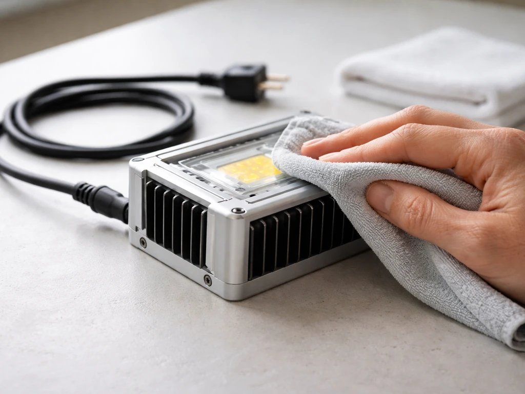 Unplugged LED grow light on a bench as hands wipe the hot housing dry with microfiber cloths.