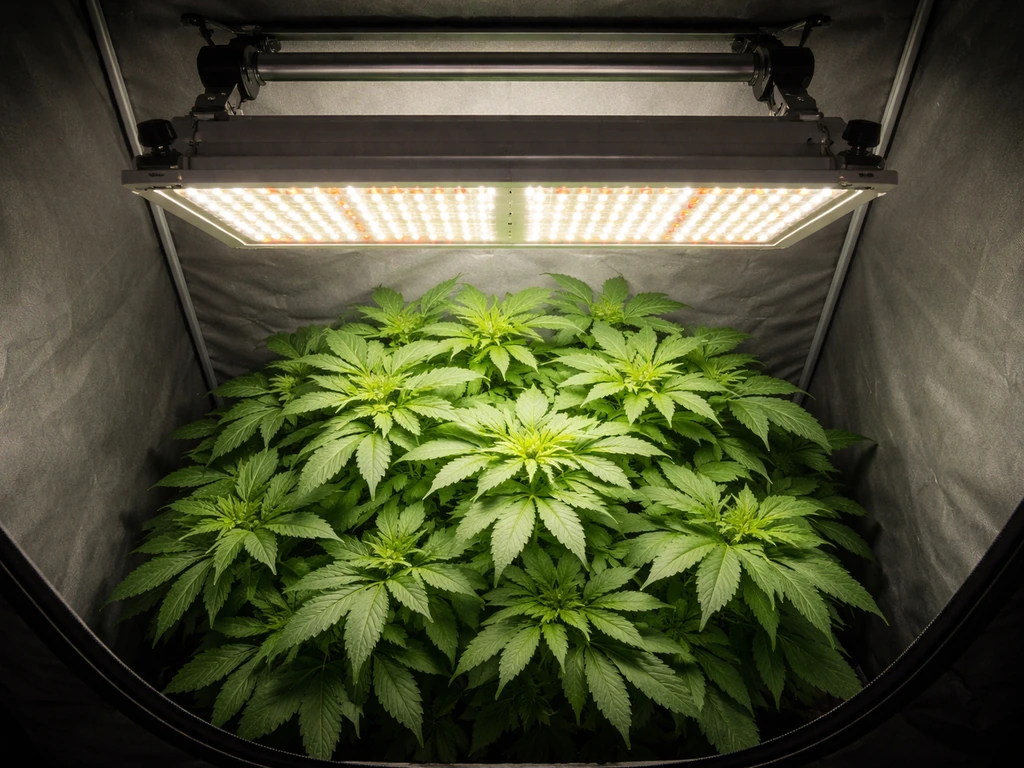 Overhead view of an LED grow light above a plant canopy showing its light spread and mounting angle.