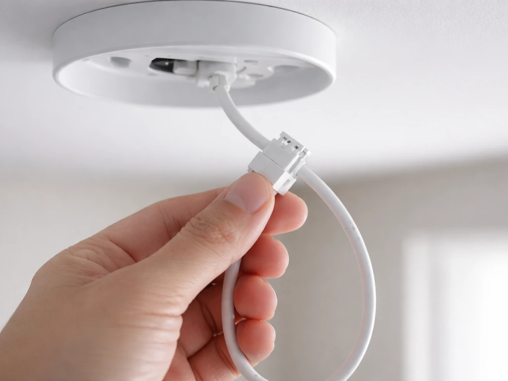 Hand inspecting a light fixture connector and power cord for looseness or damage.