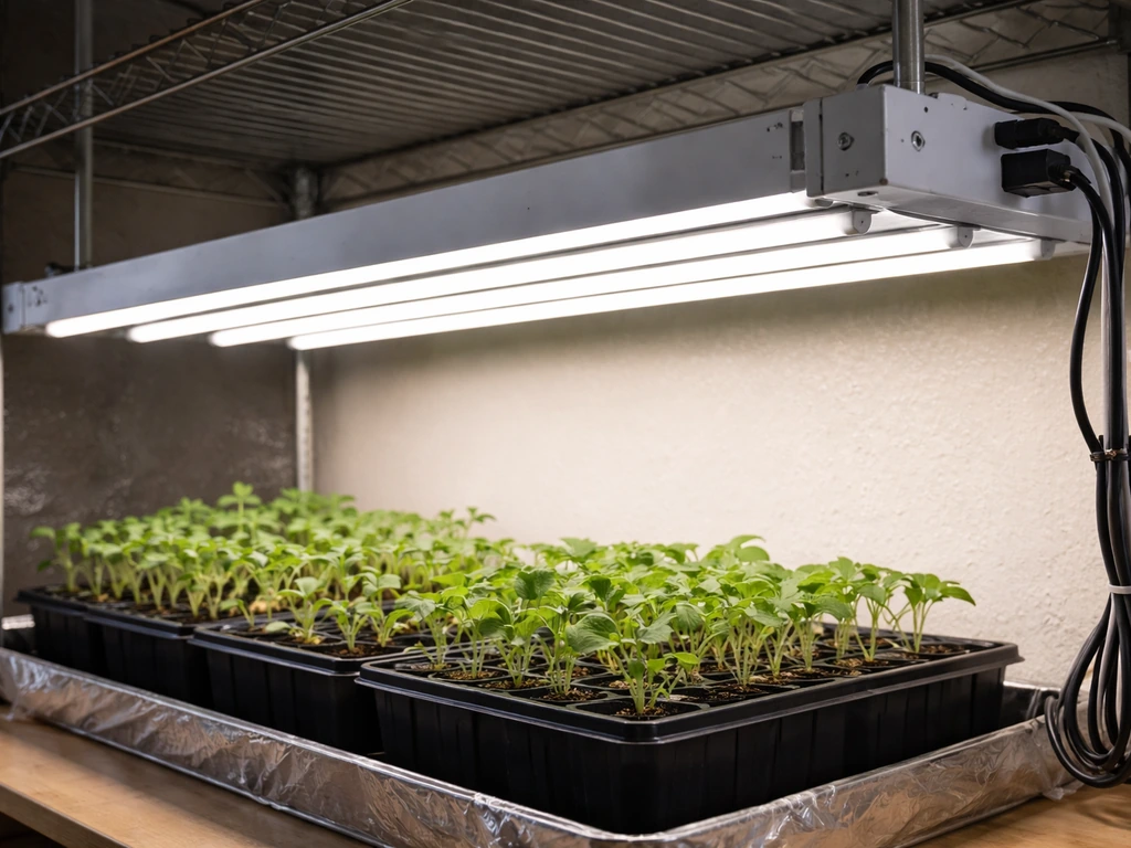 DIY T5 grow light with tubes mounted over seedling trays, cables neatly arranged for testing.
