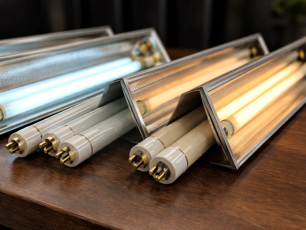 Unbranded T5HO bulbs and reflective fixtures on a table, showing cooler vs warmer light appearance and different lengths