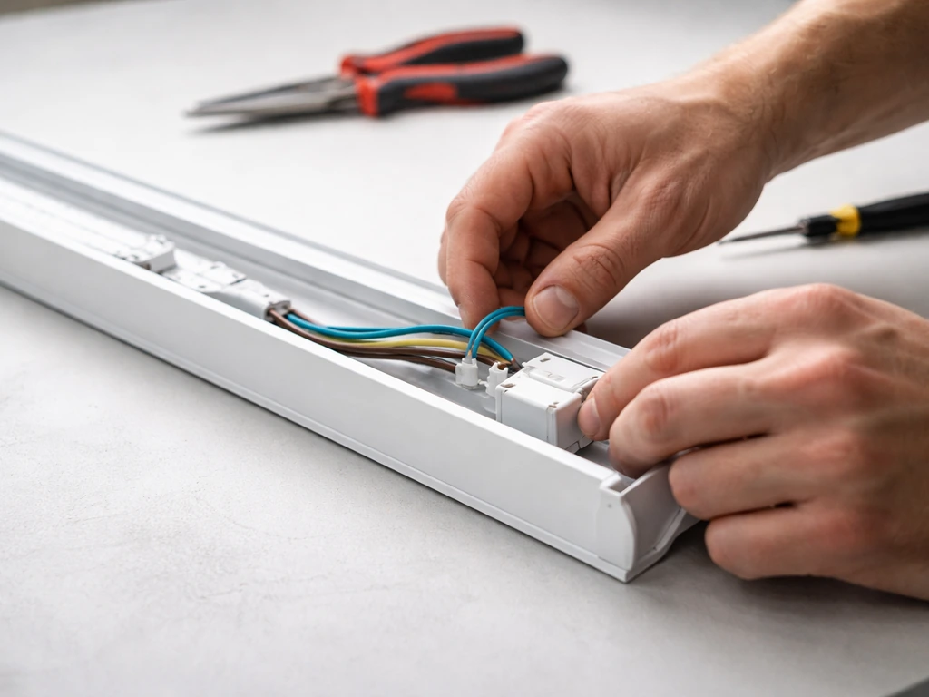 Hands assemble an unplugged LED strip fixture on a workbench, seating ballast and wiring inside the housing.