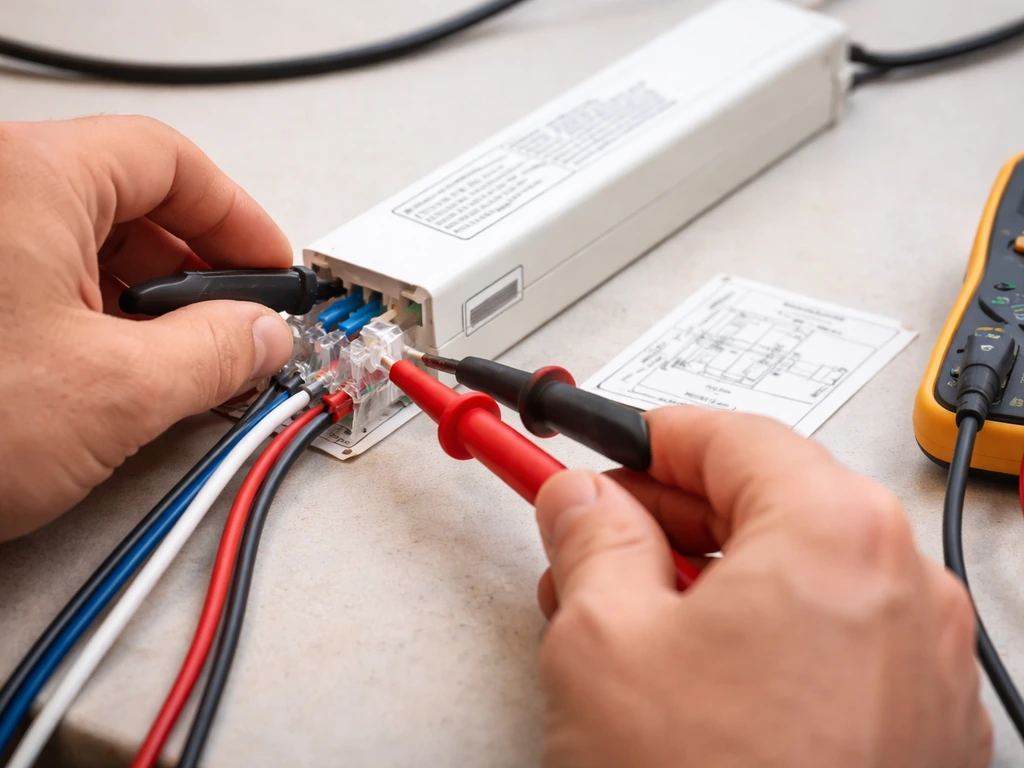 Close-up of an electronics ballast wiring safety check with covered terminals and insulated tools.