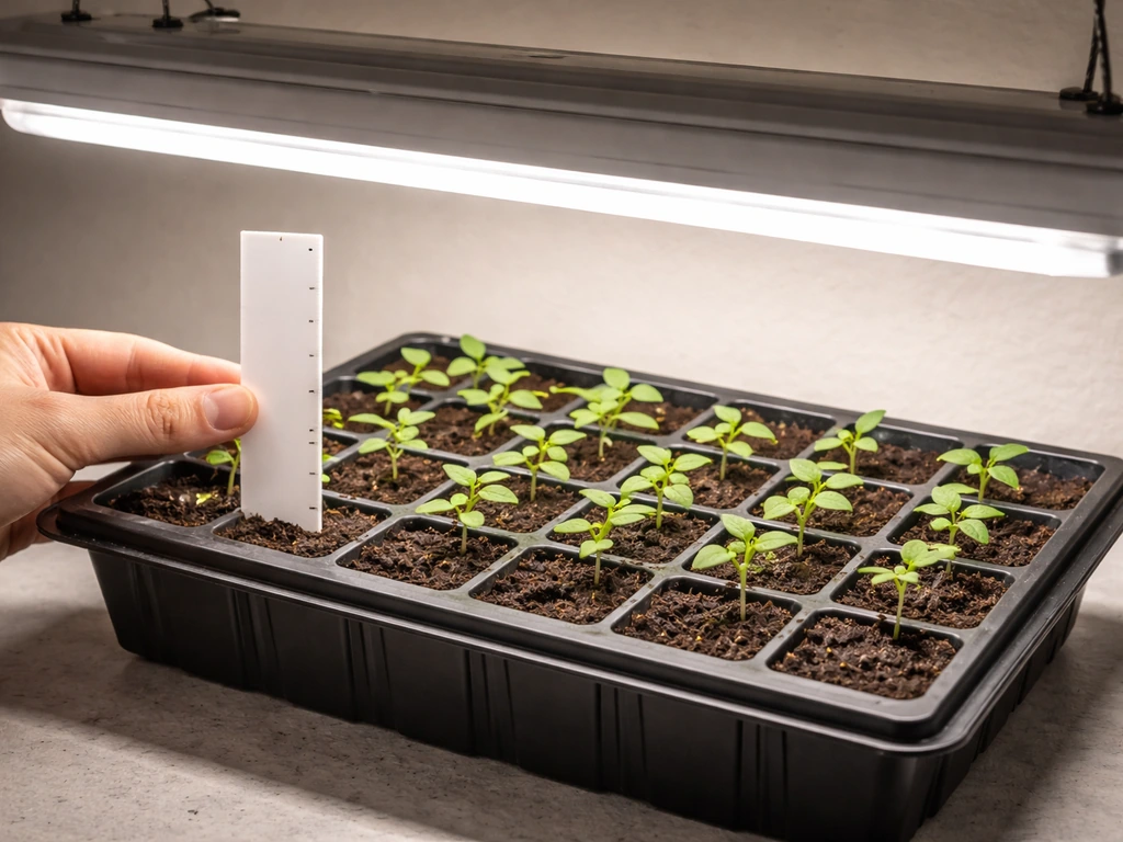 Seedlings under a suspended T5 grow light with a spacing gauge showing the light height above the canopy.