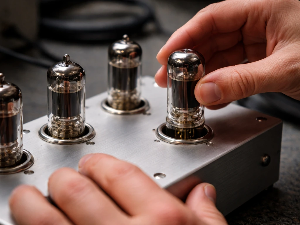 Close-up of hands reseating vacuum tube pins into a metal tube socket on an audio amplifier chassis.